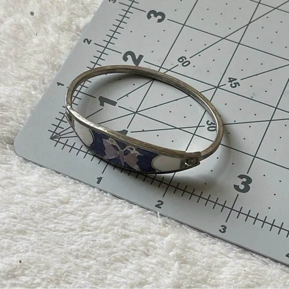 Alpaca Mexico Mother Of Pearl Butterfly Inlay Small Hinged Bangle Bracelet - Picture 7 of 8